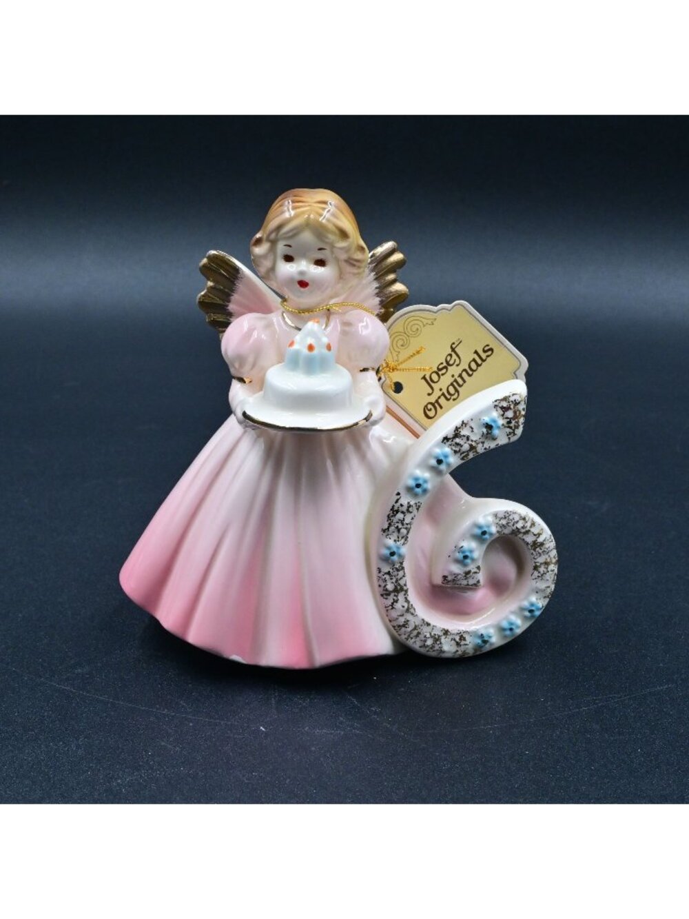 Josef Originals 6th Birthday Girl Angel Figurine Pink Dress Cake Vintage Tag